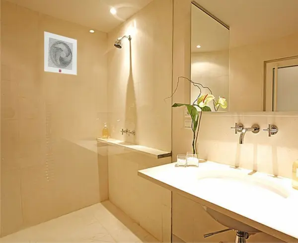 Phòng tắm sạch sẽ với gương, bồn rửa, và hoa trang trí.