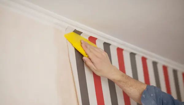 Người đang dùng miếng bọt biển màu vàng để dán giấy dán tường màu sọc.